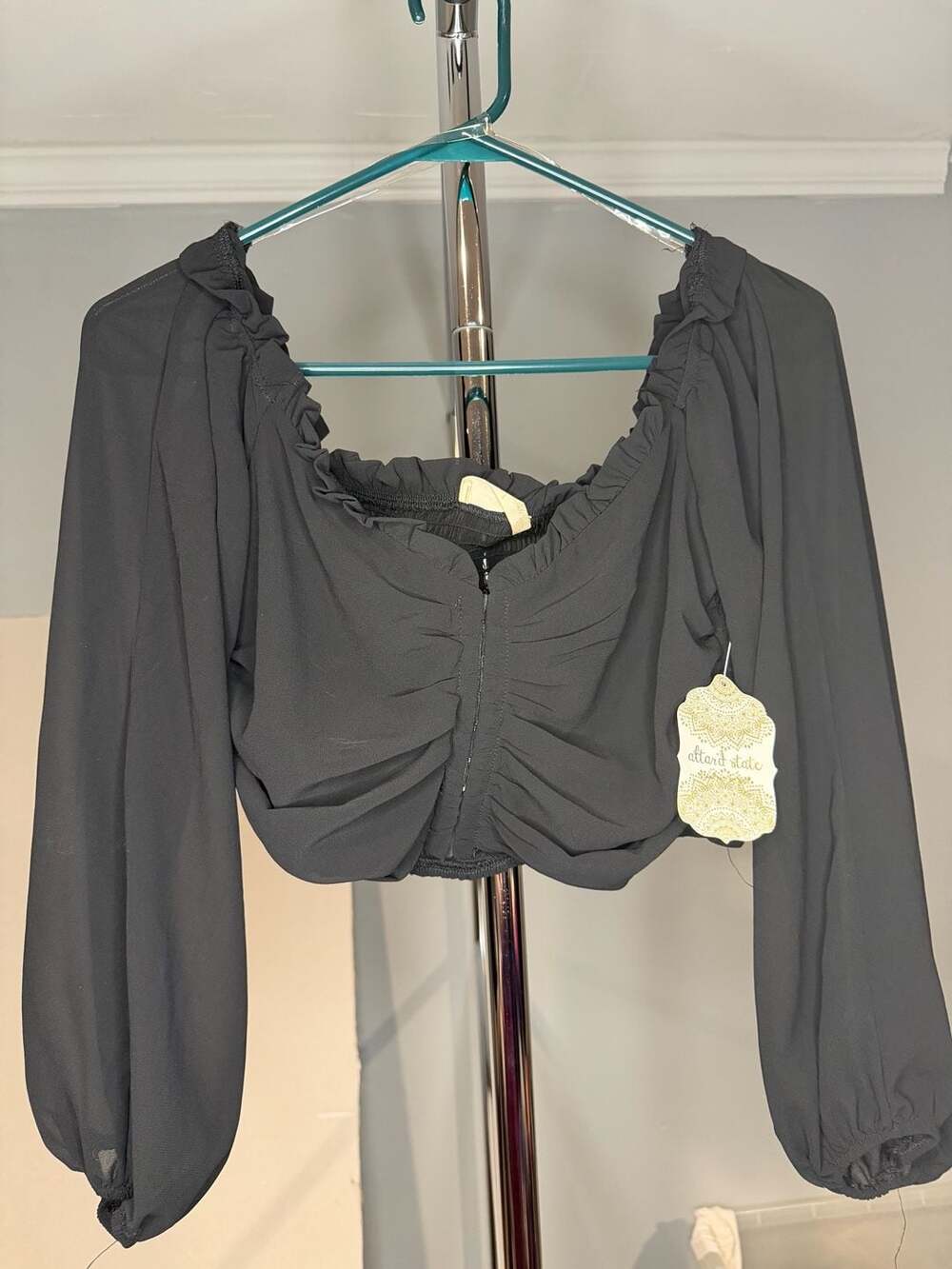 Altar'd State Black Long Sleeve Smocked Ruched Crop Top